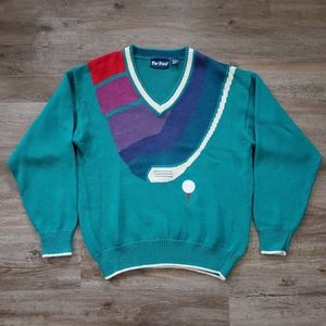 Vintage Par Four Men’s Large Teal V Neck Sweater Golf Club & Ball Rainbow